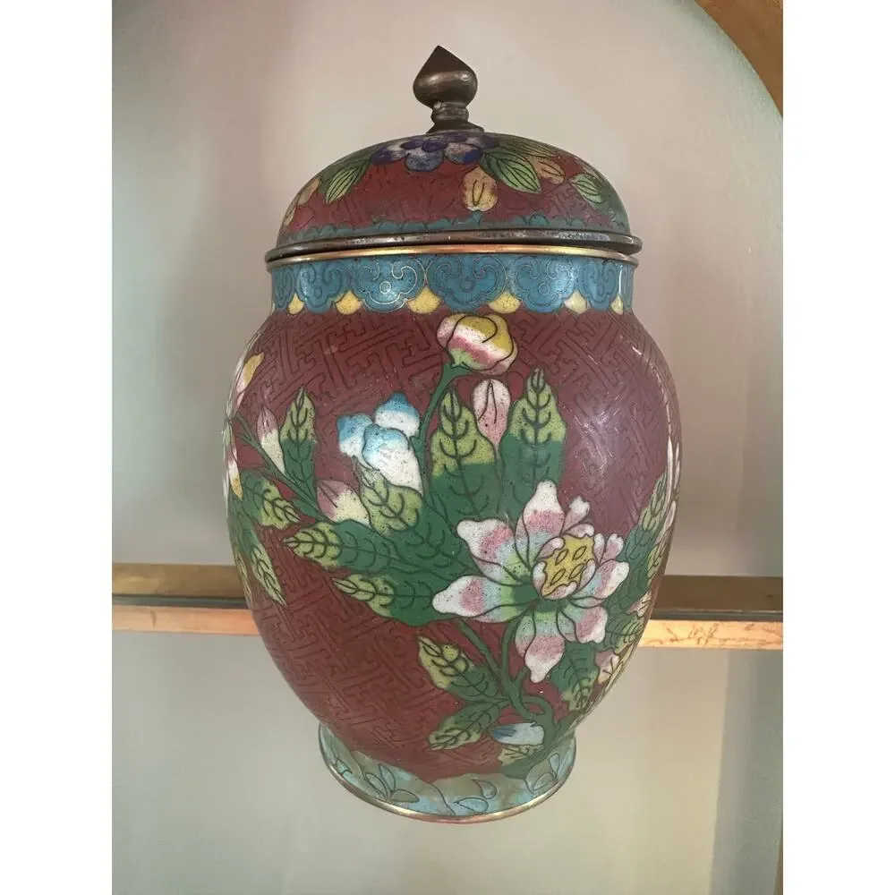 Vintage Chinese Cloisonné Enamel Ginger Jar Flowers  8” rust blue turquoise